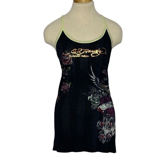 RARE NWT ED HARDY Black Rayon Peacock Rose Tattoo Racerback Dress Y2K M - Picture 2 of 15
